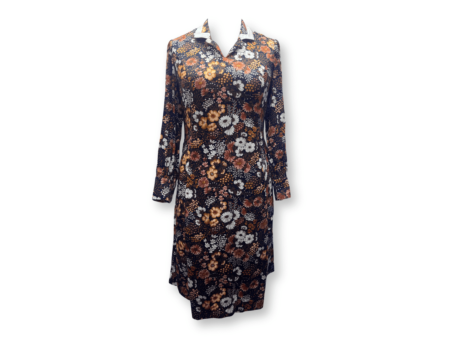 Floral 1970s Shift Dress with White-Trim Collar